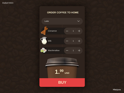 Daily UI #033 - customize brown coffee coffee app coffee order custom customize daily ui daily ui daily ui 033 dailyui dark delivery drink e commerce food mobile mobile app order shop shopping app