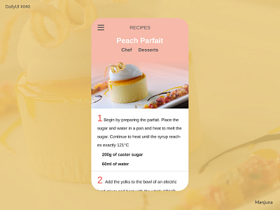 Daily UI #040 - recipe app cafe chef cook daily ui daily ui 040 dailyui dessert flat food interface mobile mobile app mobile app design pink recipe restaraunt ui ux woman