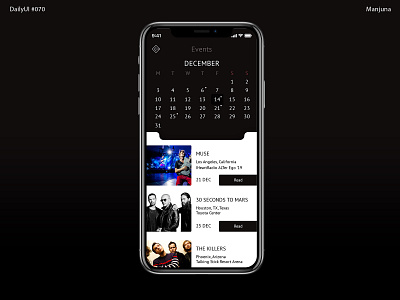 Daily UI #070 - Event Listing app design booking buy ticket concert concert app daily ui dailyui dark event event listing events flat listing mobile app mobile app design mobile design music music app ticket ticket app