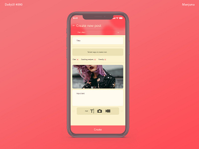 Daily UI #090 - Create new application ui article blog blog app create new daily ui dailyui design diary female girlish glamour mobile app mobile app design new post pink text ui ux woman