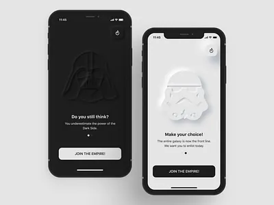 Star Wars | Onboarding App app concept darth vader design empire illustration mobile neo skeuomorphism onboarding star wars stormtrooper ui ux