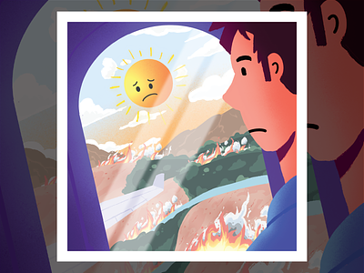 Think about the climate crisis from 35.000 feet airplane character climate crisis emoji forest fires human illustration illustrator lanscape people point of view sun view