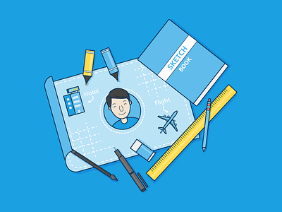 Illustration guideline cover art character flight hotel illustration pencil sketch book tools vector