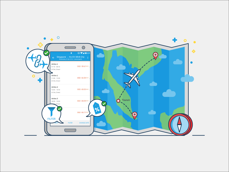 Newsletter Illustrations - March & April 2016 airlines app booking character family flight illustration maps newsletter travel trip vector