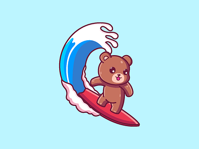 Brown Bear Surfing animal bear cartoon character cute graphic design icon illustration surf surfing vector wave