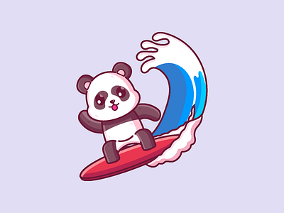 Panda Surfing animal cartoon character cute graphic design icon illustration panda surf surfing vector wave