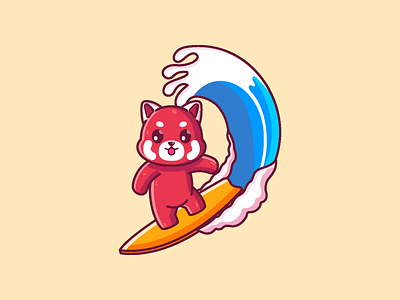 Red Panda Surfing animal cartoon character cute graphic design icon illustration red panda surf surfing vector wave