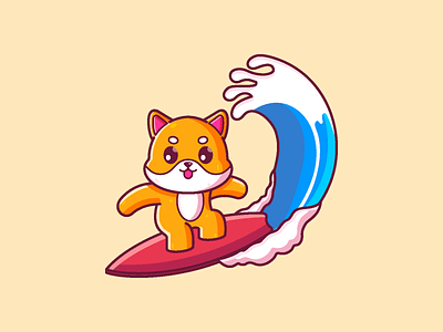 Shiba Inu Surfing animal cartoon character cute dog graphic design icon illustration shiba inu surf surfing vector wave