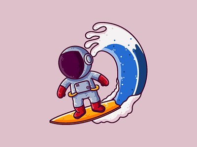 Astronaut Surfing astronaut beach cartoon character cute graphic design icon illustration summer surfing vector wave