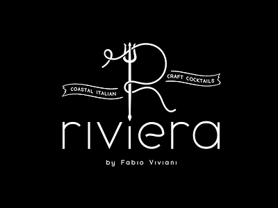 Riviera - logo black and white chef food italian italian food italian restaurant letter lines logo neptune pasta r letter restaurant riviera simple spaghetti thin trident