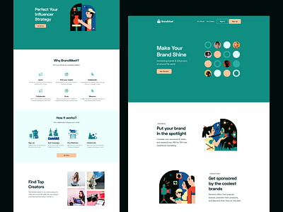 BrandMeet app brand branding brandmeet campaign green illustration influencer like meet nocode partner template ui ux