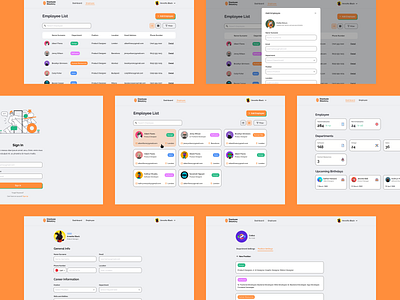 Employee Directory building card dashboard design directory employee flat hr list orange sticker table user interface