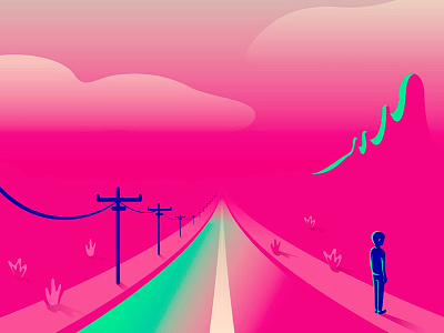 On the road alone colorfull desert design drawing illustration loneliness man pink road vector