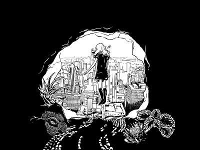 The city black city drawing girl illustration
