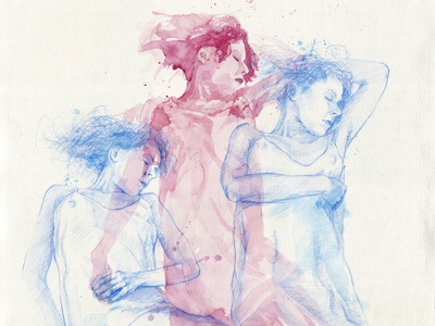 Three blue pencil watercolor