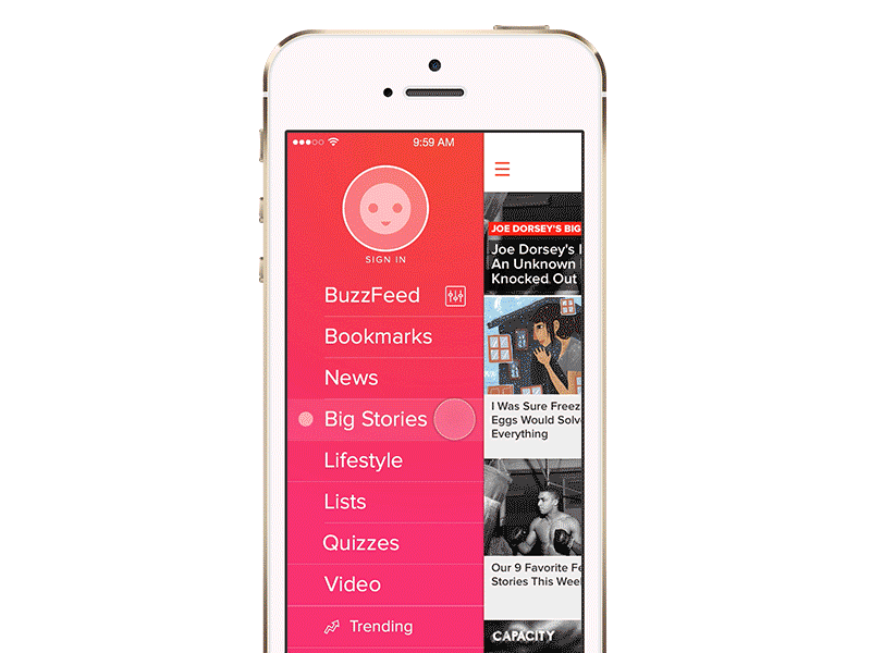 Sidebar Navigation for BuzzFeed iOS app animation app design hamburger interaction interface ios iphone mobile principle ui ux