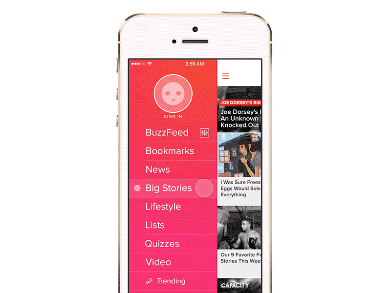 Sidebar Navigation for BuzzFeed iOS app principle hamburger animation iphone ux ui mobile ios interface interaction design app