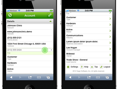 Sage Mobile Contacts Details iPhone App mobile photoshop ui