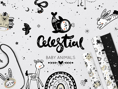 Celestial baby animals animals baby boho celestial child doodle illustration kids moon pattern sea star