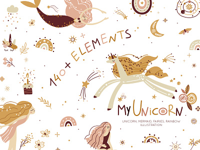Unicorn, Mermaid, Fairy boho celestial fairy illustration kids mermaid pony rainbow star unicorn