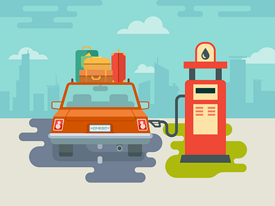 Car refuel at gas station car city flat gas station illustration kit8 landscape road travel vector