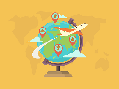 Travel around the world airplane flat globe icon illustration kit8 pin travel vector
