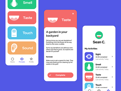 Wonder App Screens figma mobile app sensory sight smell sound taste touch