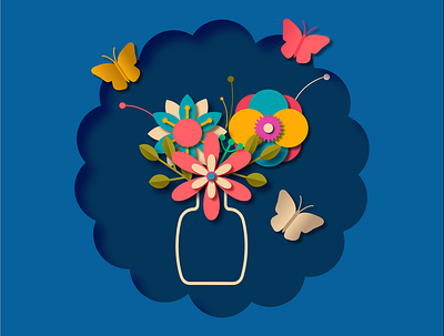 FLORAL COMPOSITION WITH BUTTERFLIES IN PAPER CUTOUT STYLE 3d design graphic design illustration vector