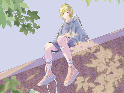Child sitting on the wall anime design illustration manga