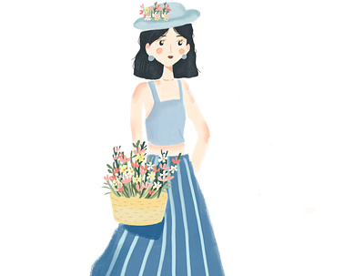 Lady with flowers flat illustration