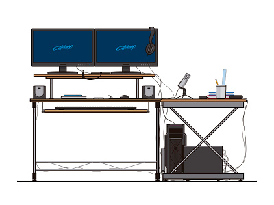 My Workspace computer desktop flat gadgets illustration mic outline pc vector workflow workspace