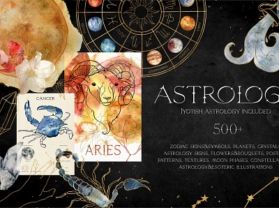 ASTROLOGY watercolor & line art set 3d animation astrology clipart astrologycal posters branding chakra balancing design elegant zodiac signs flowers and leaves graphic design illustration jyotish astrology line art set logo magic illustration motion graphics typography vector watercolor astrology watercolor splashes