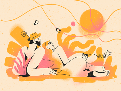 ✺ Sun Bath ✺ butterfly character chill couple field gold hat illustration sun sunrise sunset texture wheat