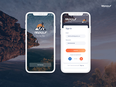 Trekout App - Your Adventure Partner 🗻 adventure community home iphone iphone x iphonex log in login logo minimal new user onboarding sign in sign up signin social splash travel trekking wildlife