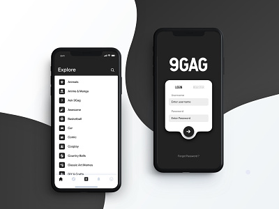 9gag App Login & Explore black discover dribbble explore find home home screen iphone x login logo minimal new age new user onboarding register search sign up signup user