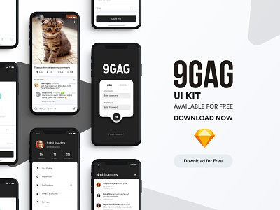 9GAG UI KIT FREEBIE 9gag chat app conversation download dribbble feed free freebie home home screen iphone x messaging notifications product page profile ui ui kit