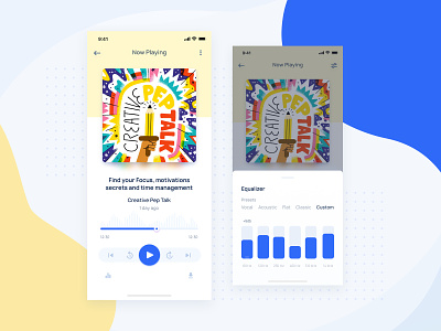 Podzie Podcast App audio app design dribbble equaliser feed home home screen iphone 10 iphone x minimal music music player player podcast product page sketch ui 100