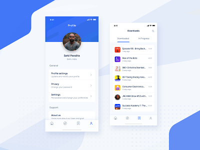 Podcast Profile & Downloads account audio blue card cards downloads dribbble feed home home screen iphone x minimal music navigation player playlist podcast profile user user account