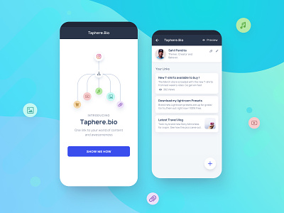 Taphere.Bio Instagram Tool branding explore feed gbox grambox home home screen illustration instagram instagram post instagram stories iphone x link minimal new link onboarding product page toolkit ui walkthrough