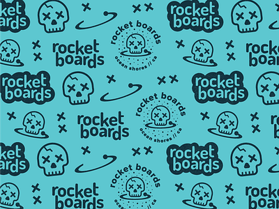 Cartoon Rebrand | Rocket Boards Pattern badge brand branding logo pattern rocket power skateboard skull space surf type typography