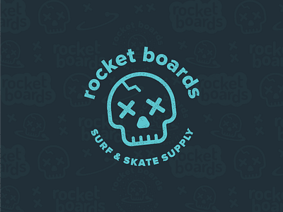 Cartoon Rebrand | Rocket Boards Badge badge brand branding cartoon logo pattern rocket power skateboard skull surf type typography