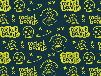 Cartoon Rebrand | Rocket Boards Pattern badge brand branding logo pattern rocket power skateboard skull space surf type typography