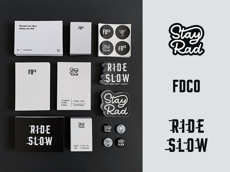 FDCO | Brand Goodies typography type packaging collateral neutral grayscale black and white stickers personal brand branding brand stationary