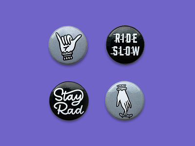 The Rad Pack | Buttons button fingerboard hand lettering rad script shaka skateboarding small goods tech deck type typography