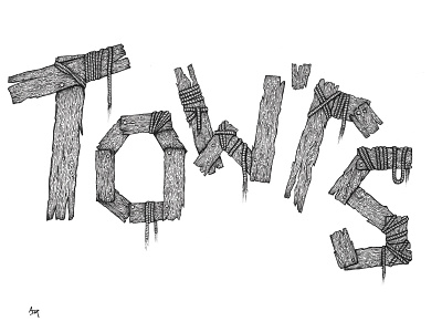 Towrs Typography art black and white driftwood hand drawn illustration micron rope texture type typograpy wood
