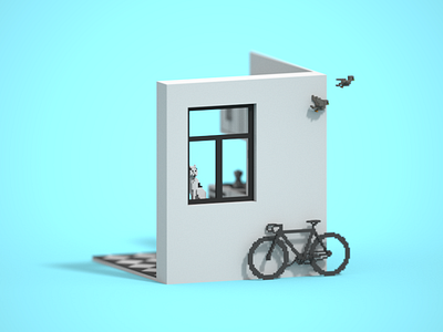 morning view 3d bike birds cat coffee kitchen magicavoxel room voxel voxelart