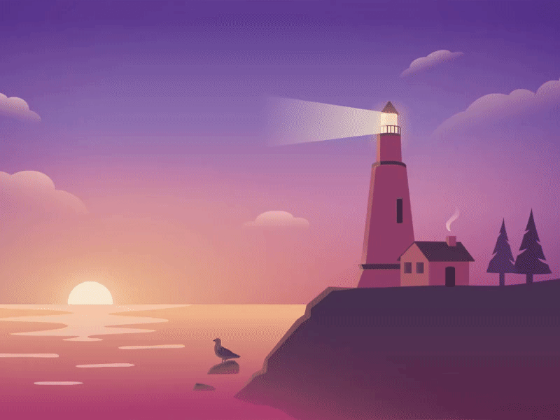 Sunset at Sea 🌅 animation illustration landscape lanscapeillustration lighthouse motionillustration sea sunset vector
