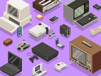 Old tech devices - 2 3d beeper camera dreamcast ds illustration isometric nes nintendo old razor talkboy tech technology tv walkman zune