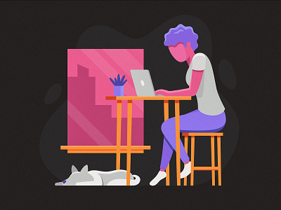 Work From Home 3 computer dog home illustration laptop person remote woman work work from home workspace