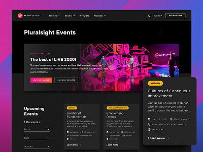 Events Landing Page card conference event events filter landing page pluralsight register ui user experience ux web design web page
